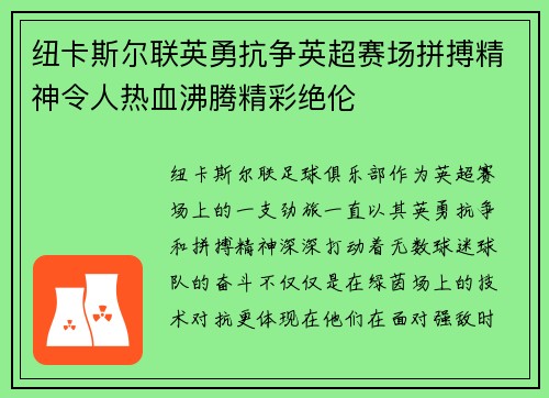 纽卡斯尔联英勇抗争英超赛场拼搏精神令人热血沸腾精彩绝伦