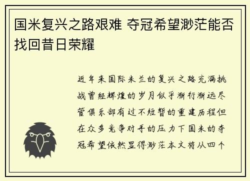 国米复兴之路艰难 夺冠希望渺茫能否找回昔日荣耀
