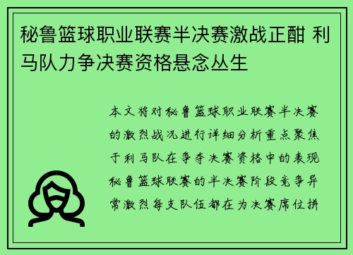 秘鲁篮球职业联赛半决赛激战正酣 利马队力争决赛资格悬念丛生